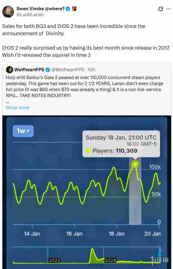 《博德之门3》CEO称：《神界》新作带动双游销量上涨