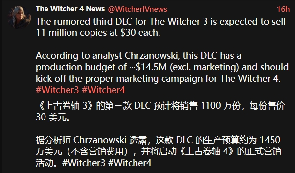 传《巫师3》第三部DLC定价30美元!目标销量1100万份(图2) 传《巫师3》第三部DLC定价30美元!目标销量1100万份